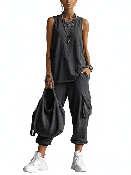 Dames Casual Set Mouwloos Top en Cargo Broek met V-hals en Zijzakken