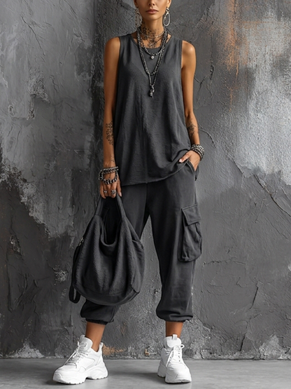 Dames Casual Set Mouwloos Top en Cargo Broek met V-hals en Zijzakken Donkergrijs