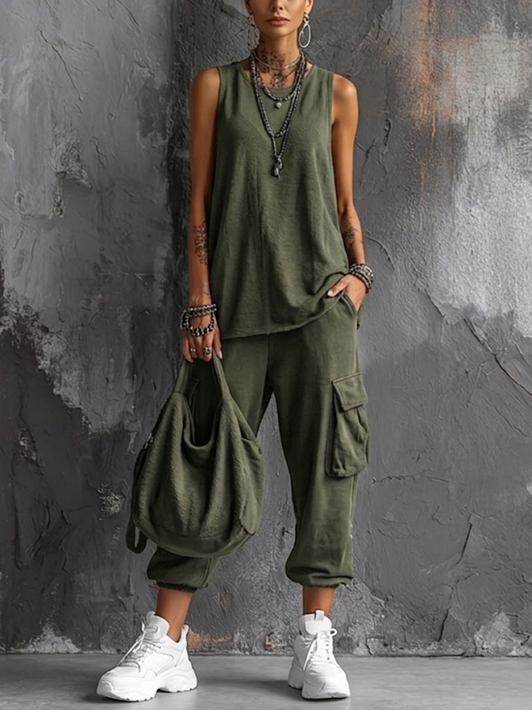 Dames Casual Set Mouwloos Top en Cargo Broek met V-hals en Zijzakken Groen