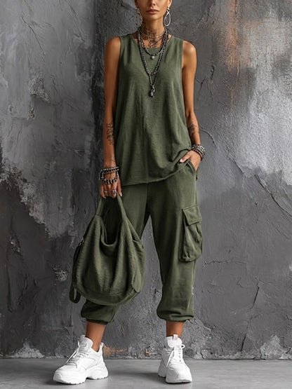 Dames Casual Set Mouwloos Top en Cargo Broek met V-hals en Zijzakken Groen