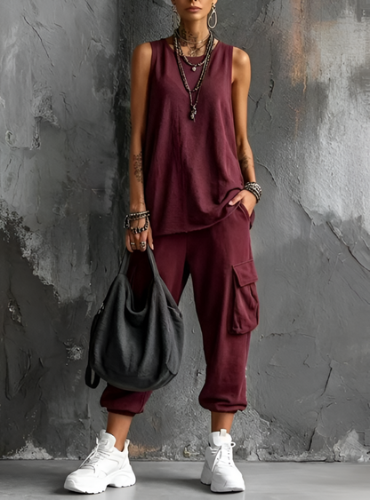 Dames Casual Set Mouwloos Top en Cargo Broek met V-hals en Zijzakken