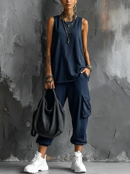 Dames Casual Set Mouwloos Top en Cargo Broek met V-hals en Zijzakken Marineblauw