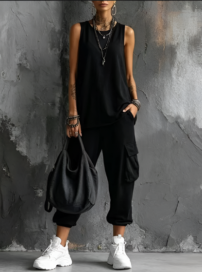 Dames Casual Set Mouwloos Top en Cargo Broek met V-hals en Zijzakken Zwart