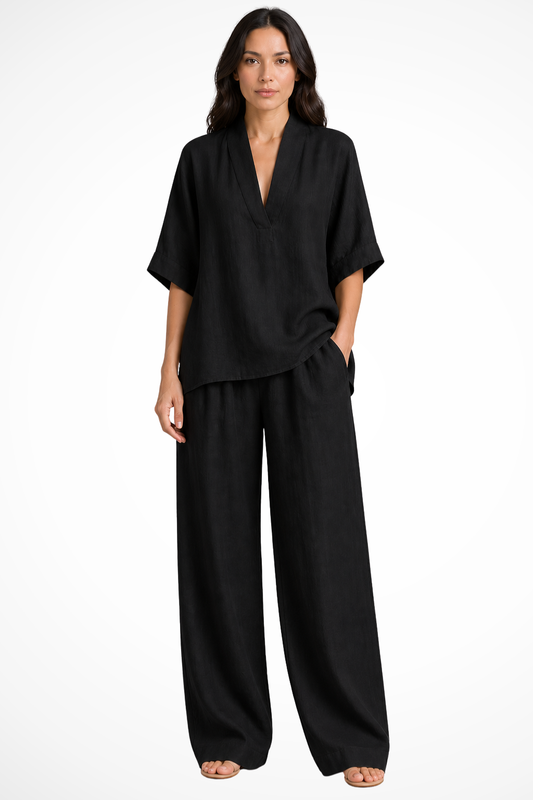 Dames Clothing Set met V-hals Top en Wide Leg Broek Oversized Zwart