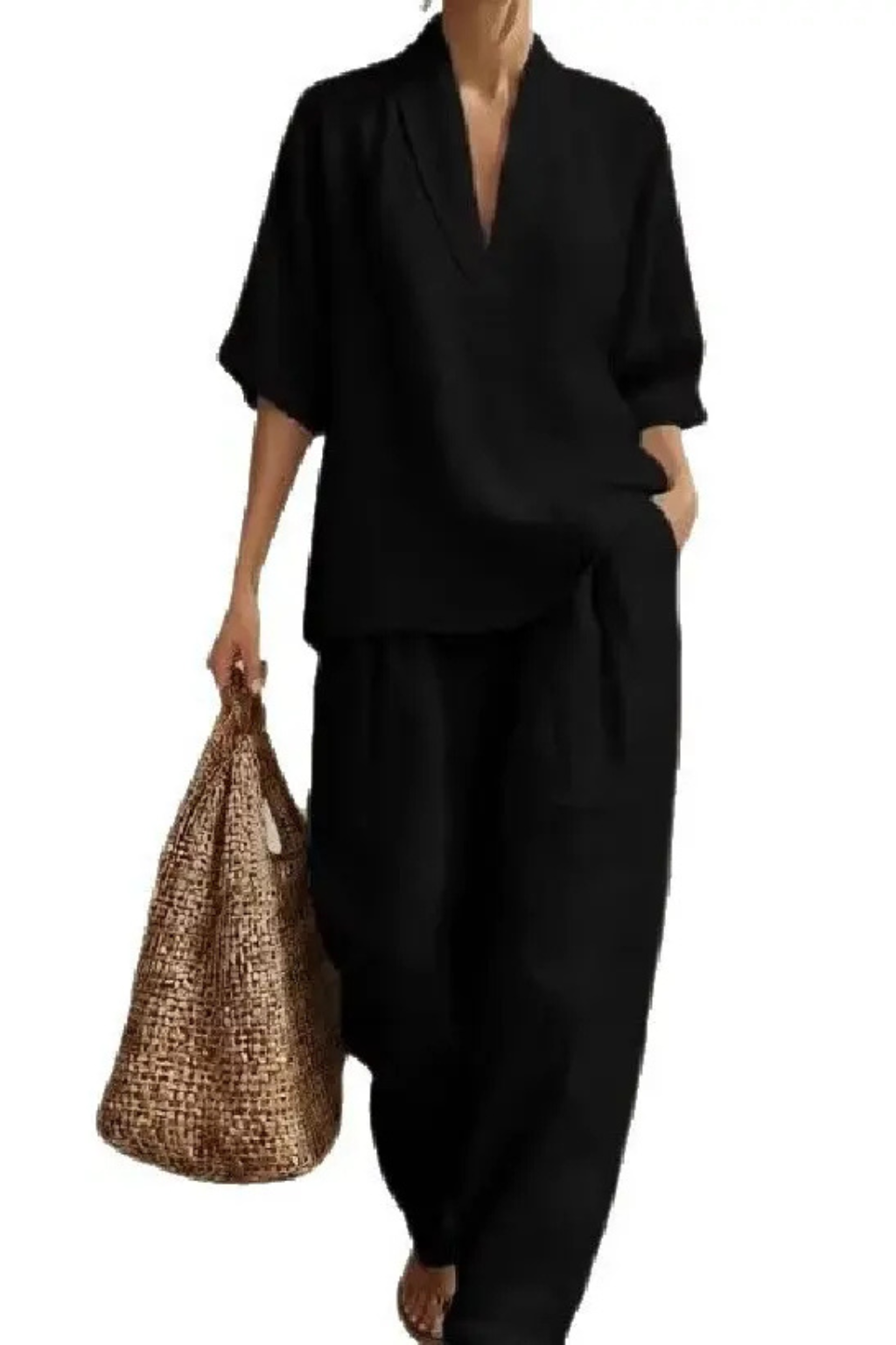 Dames Clothing Set met V-hals Top en Wide Leg Broek Oversized