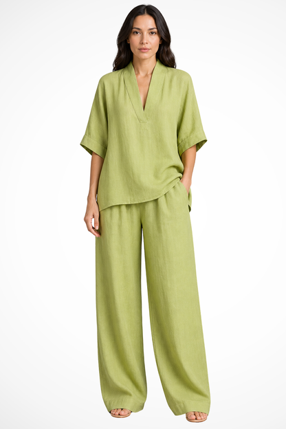 Dames Clothing Set met V-hals Top en Wide Leg Broek Oversized Groen