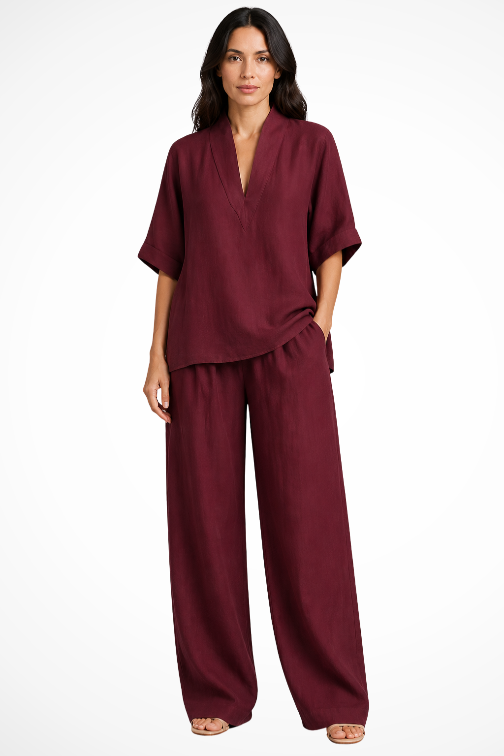 Dames Clothing Set met V-hals Top en Wide Leg Broek Oversized Bordeauxrood