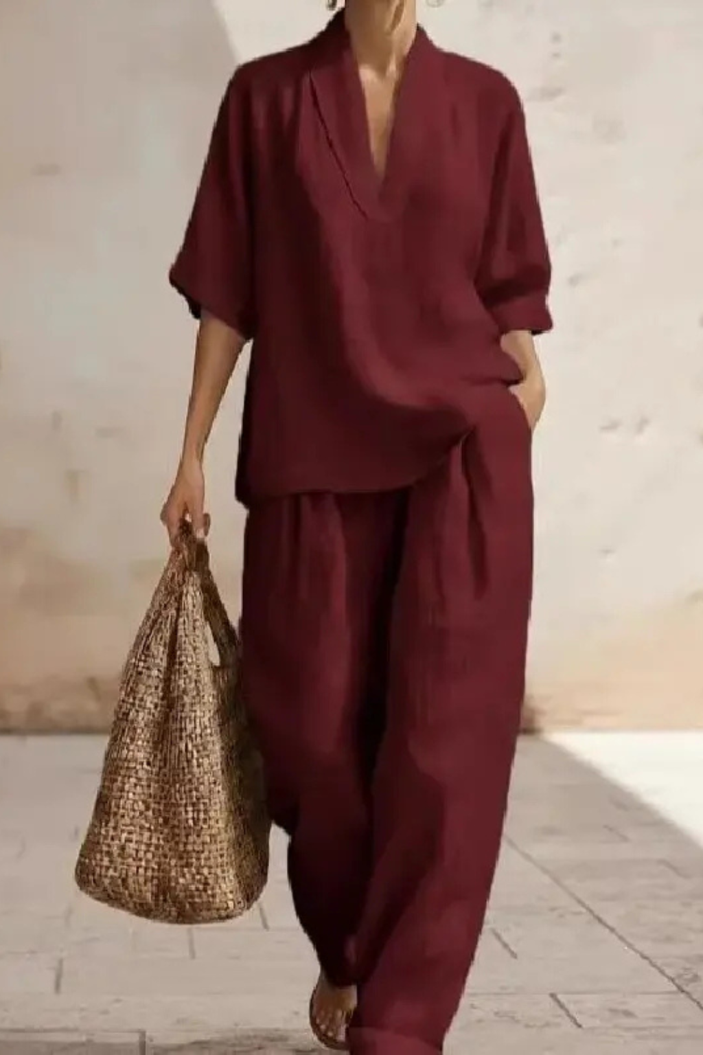 Dames Clothing Set met V-hals Top en Wide Leg Broek Oversized