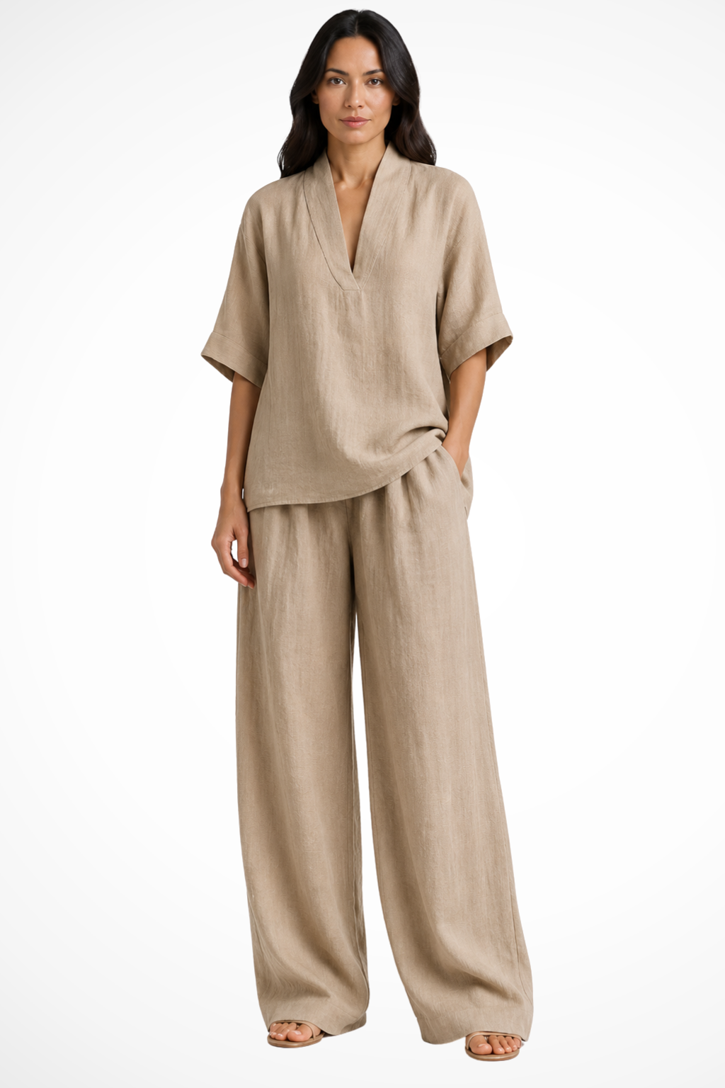 Dames Clothing Set met V-hals Top en Wide Leg Broek Oversized Khaki