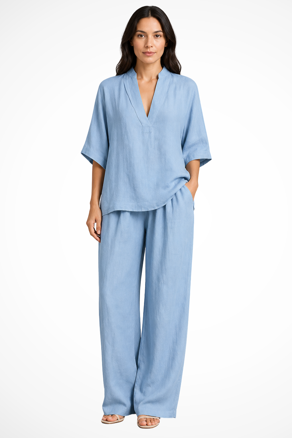 Dames Clothing Set met V-hals Top en Wide Leg Broek Oversized Blauw
