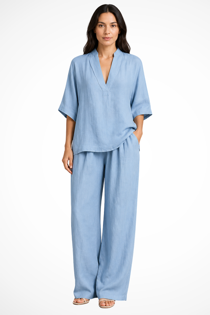 Dames Clothing Set met V-hals Top en Wide Leg Broek Oversized Blauw