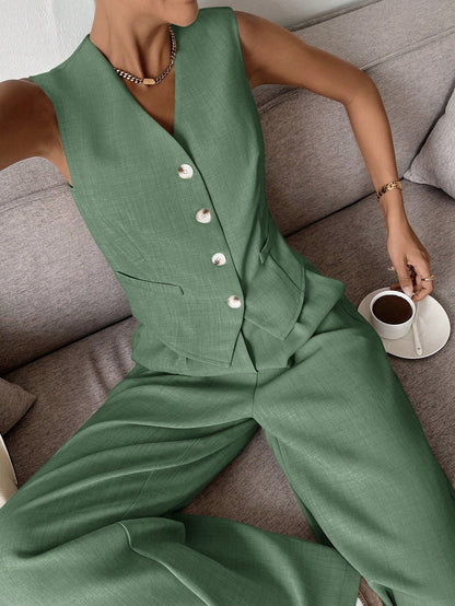 Dames Clothing Set Mouwloos Vest met Wijde Broek en V-hals