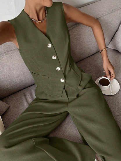 Dames Clothing Set Mouwloos Vest met Wijde Broek en V-hals