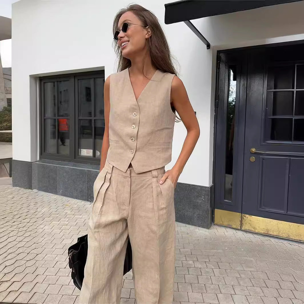 Dames Clothing Set Mouwloos Vest met Wijde Broek en V-hals