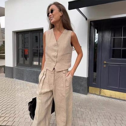 Dames Clothing Set Mouwloos Vest met Wijde Broek en V-hals