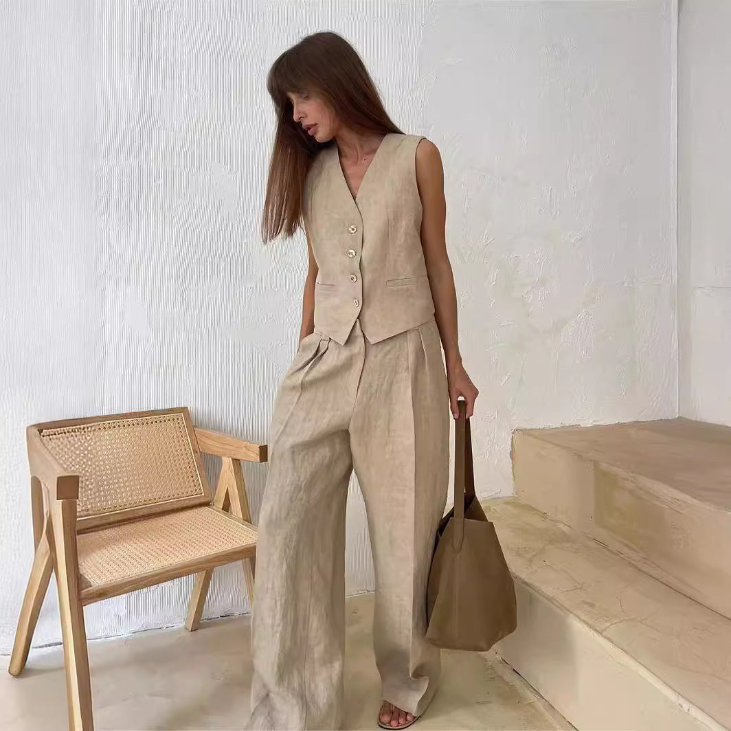 Dames Clothing Set Mouwloos Vest met Wijde Broek en V-hals