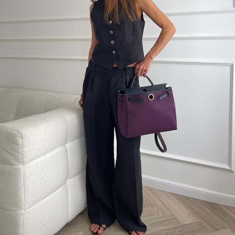 Dames Clothing Set Mouwloos Vest met Wijde Broek en V-hals Zwart