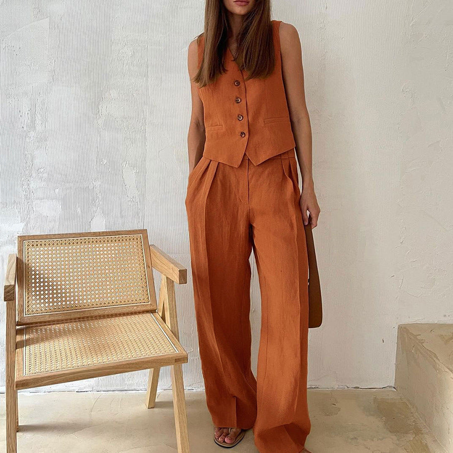 Dames Clothing Set Mouwloos Vest met Wijde Broek en V-hals Oranje