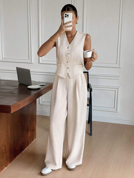 Dames Clothing Set Mouwloos Vest met Wijde Broek en V-hals