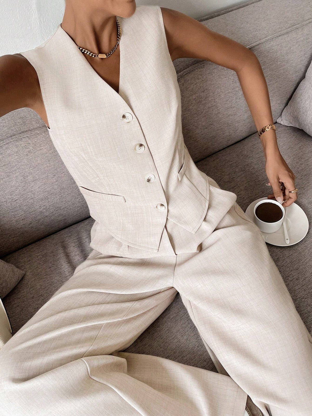 Dames Clothing Set Mouwloos Vest met Wijde Broek en V-hals
