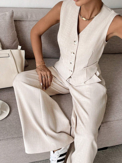 Dames Clothing Set Mouwloos Vest met Wijde Broek en V-hals
