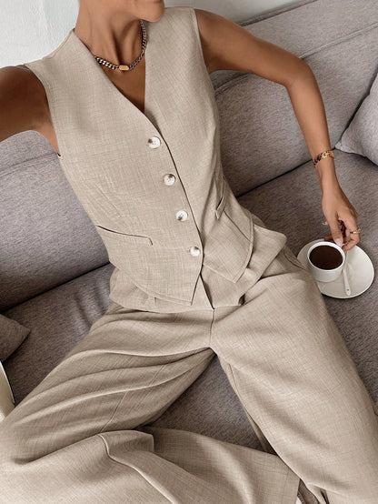 Dames Clothing Set Mouwloos Vest met Wijde Broek en V-hals Beige