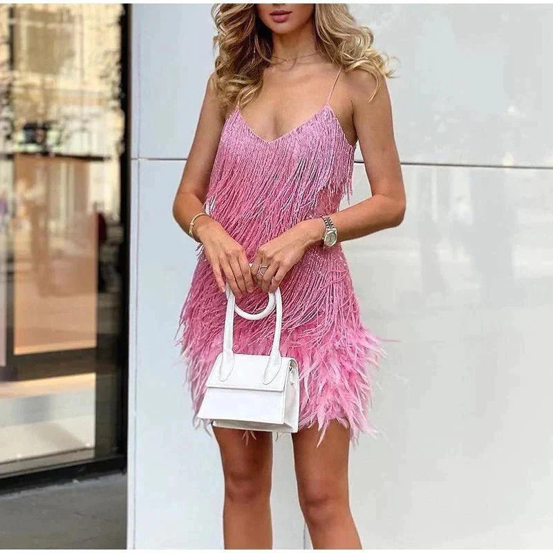 Dames Cocktailjurk Mouwloos met Spaghettibandjes, Franje en Veren Donker Roze
