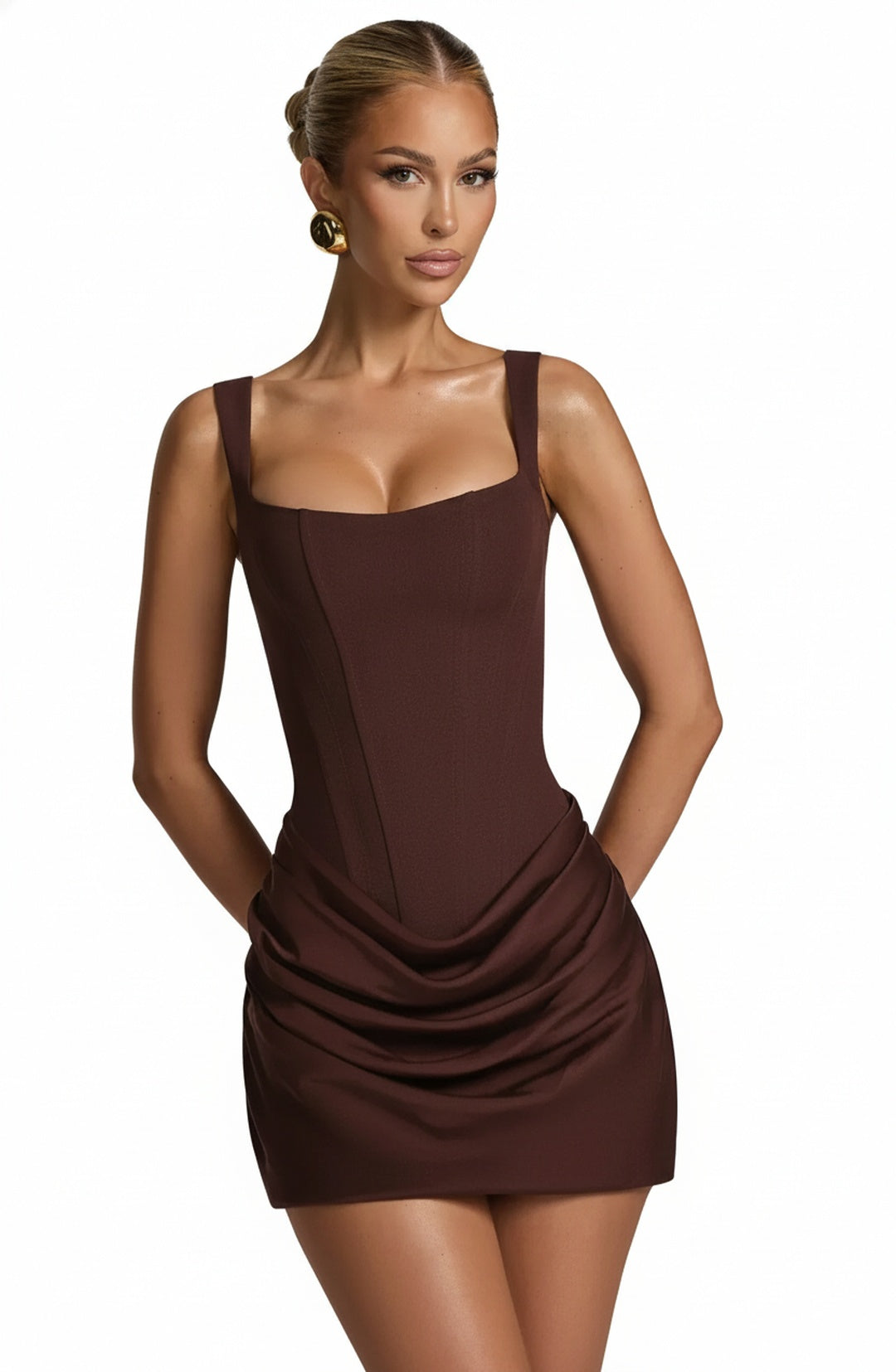 Dames Corset Jurk met Gedrapeerde Rok en Vetersluiting op de Rug