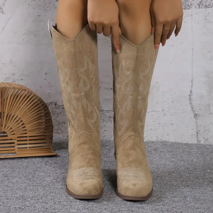 Dames Cowboy Boots Kniehoog met Borduurwerk en Blokhak