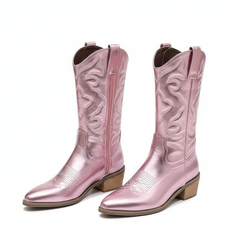 Dames Cowboylaarzen met Metallic Afwerking en Geborduurde Schacht