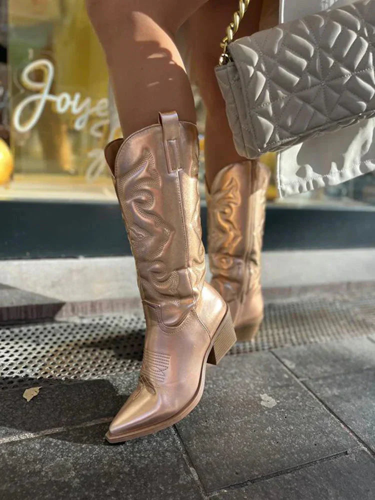 Dames Cowboylaarzen met Metallic Afwerking en Geborduurde Schacht