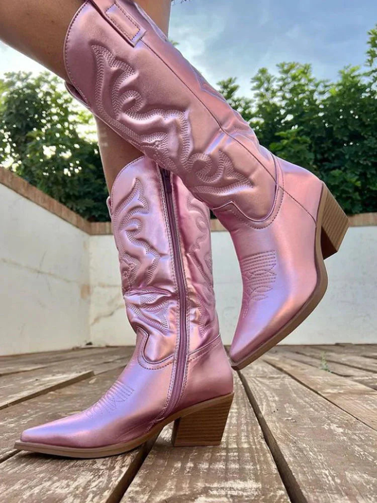 Dames Cowboylaarzen met Metallic Afwerking en Geborduurde Schacht Roze