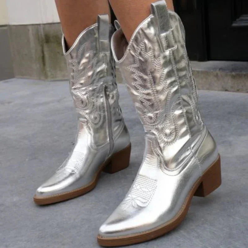 Dames Cowboylaarzen met Metallic Afwerking en Geborduurde Schacht Zilver