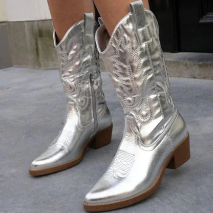 Dames Cowboylaarzen met Metallic Afwerking en Geborduurde Schacht Zilver