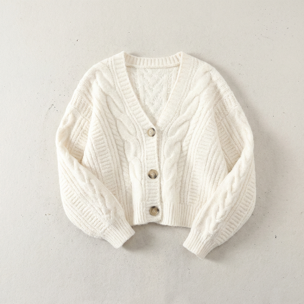 Dames Cropped Kabelbreisel Cardigan met V-hals Wit