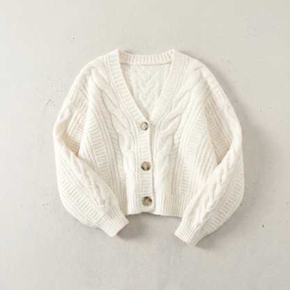 Dames Cropped Kabelbreisel Cardigan met V-hals Wit
