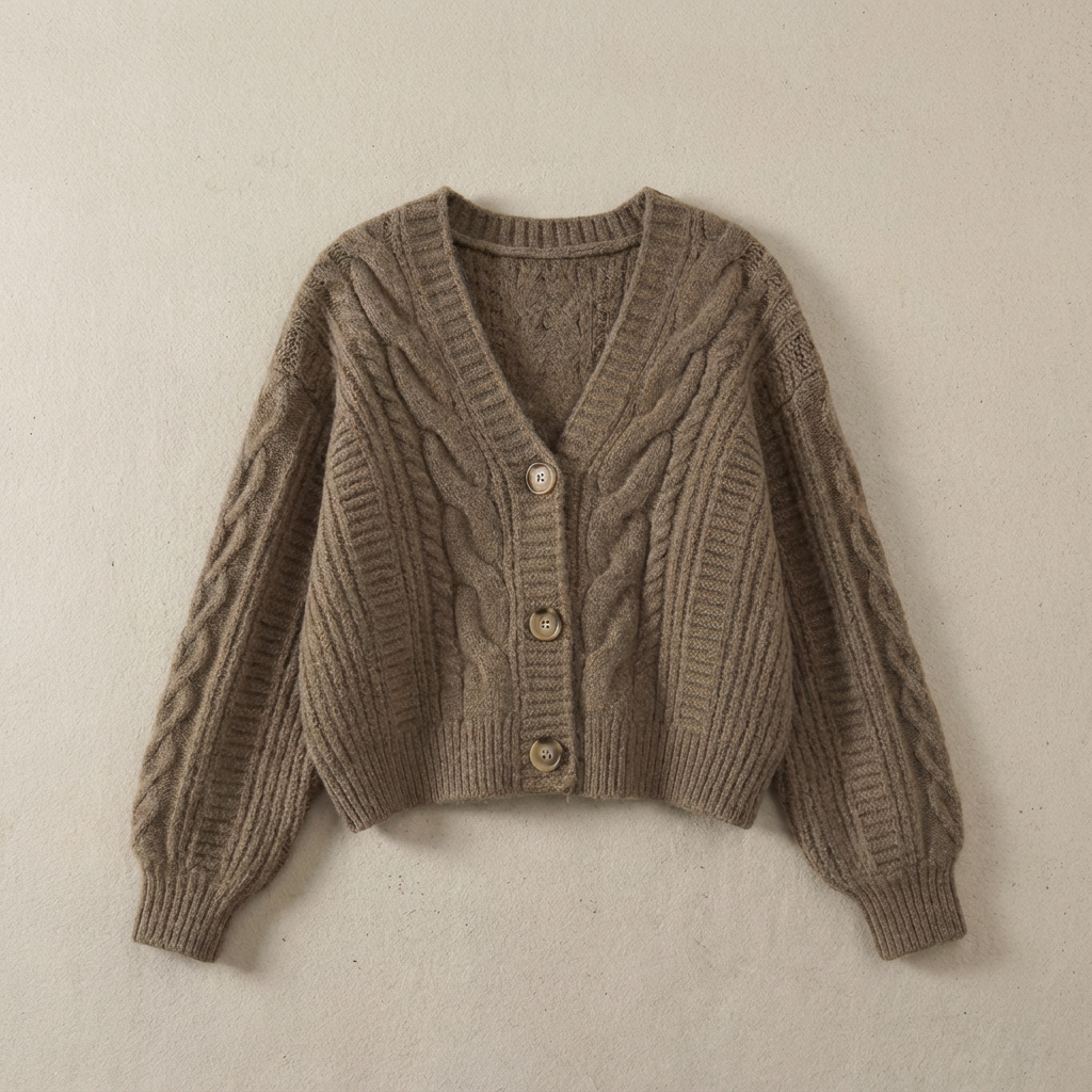 Dames Cropped Kabelbreisel Cardigan met V-hals Bruin