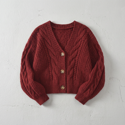 Dames Cropped Kabelbreisel Cardigan met V-hals Rood