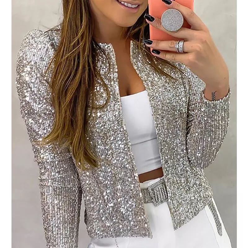 Dames Cropped Pailletten Blazer met Open Voorpand Zilver