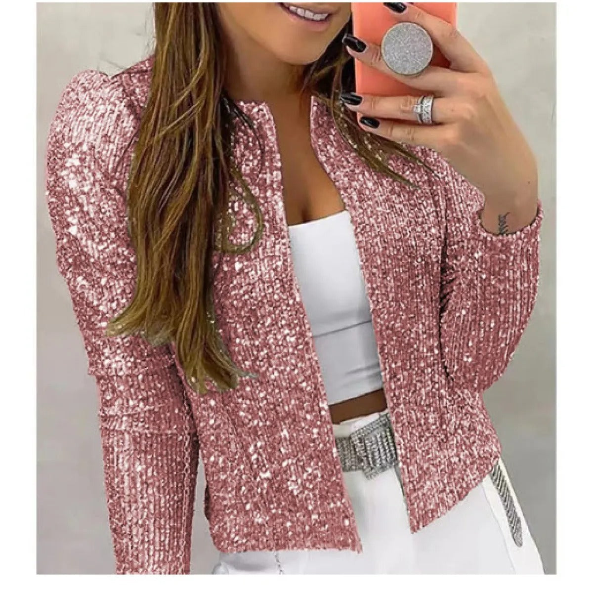 Dames Cropped Pailletten Blazer met Open Voorpand Roze