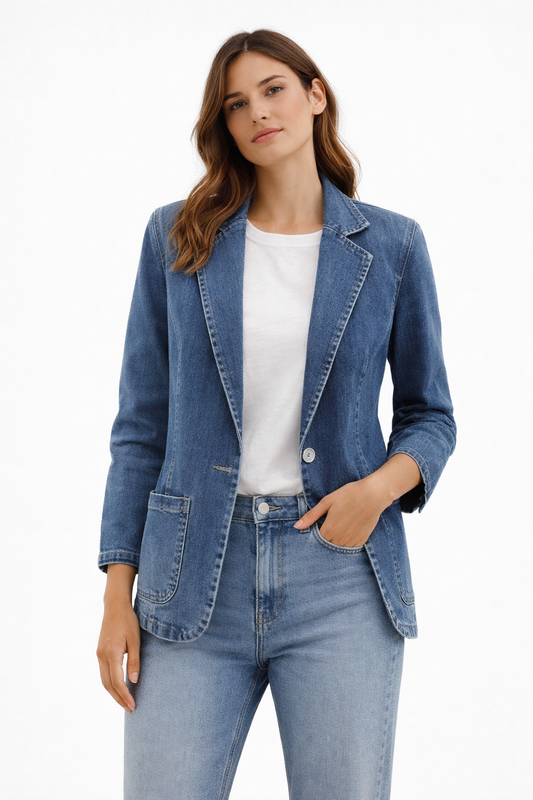 Dames Denim Blazer met Revers Kraag en Knoopsluiting Blauw