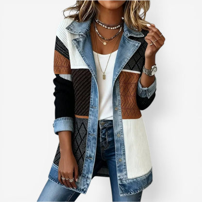 Dames Denim Hybrid Jacket met Knoopsluiting en Revers Kraag Veelkleurig
