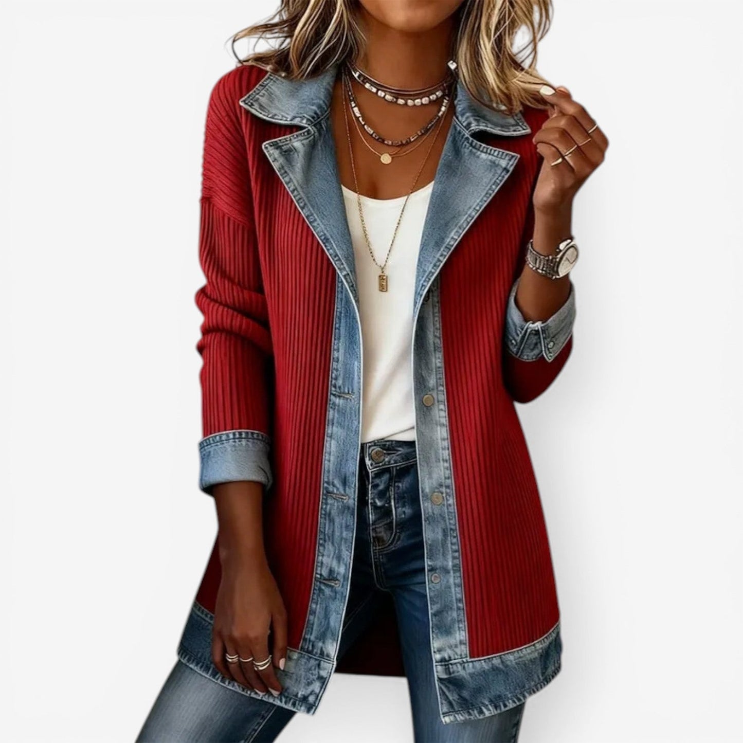 Dames Denim Hybrid Jacket met Knoopsluiting en Revers Kraag Rood