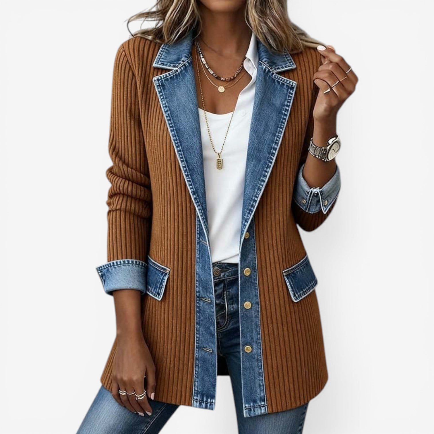 Dames Denim Hybrid Jacket met Knoopsluiting en Revers Kraag Camel