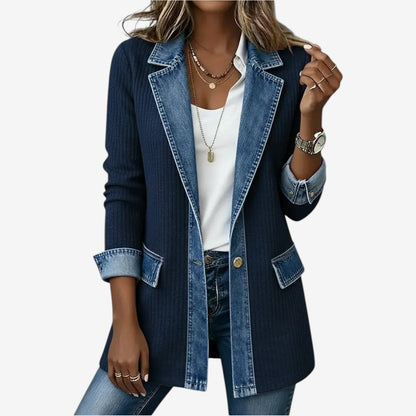 Dames Denim Hybrid Jacket met Knoopsluiting en Revers Kraag Marineblauw
