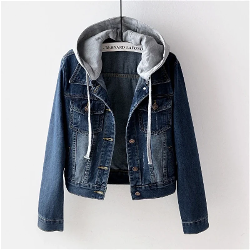 Dames Denim Jacket met Afneembare Capuchon en Knoopsluiting Donkerblauw