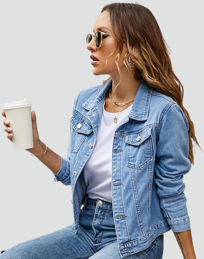 Dames Denim Jacket met Knoopsluiting en Borstzakken Lichtblauw