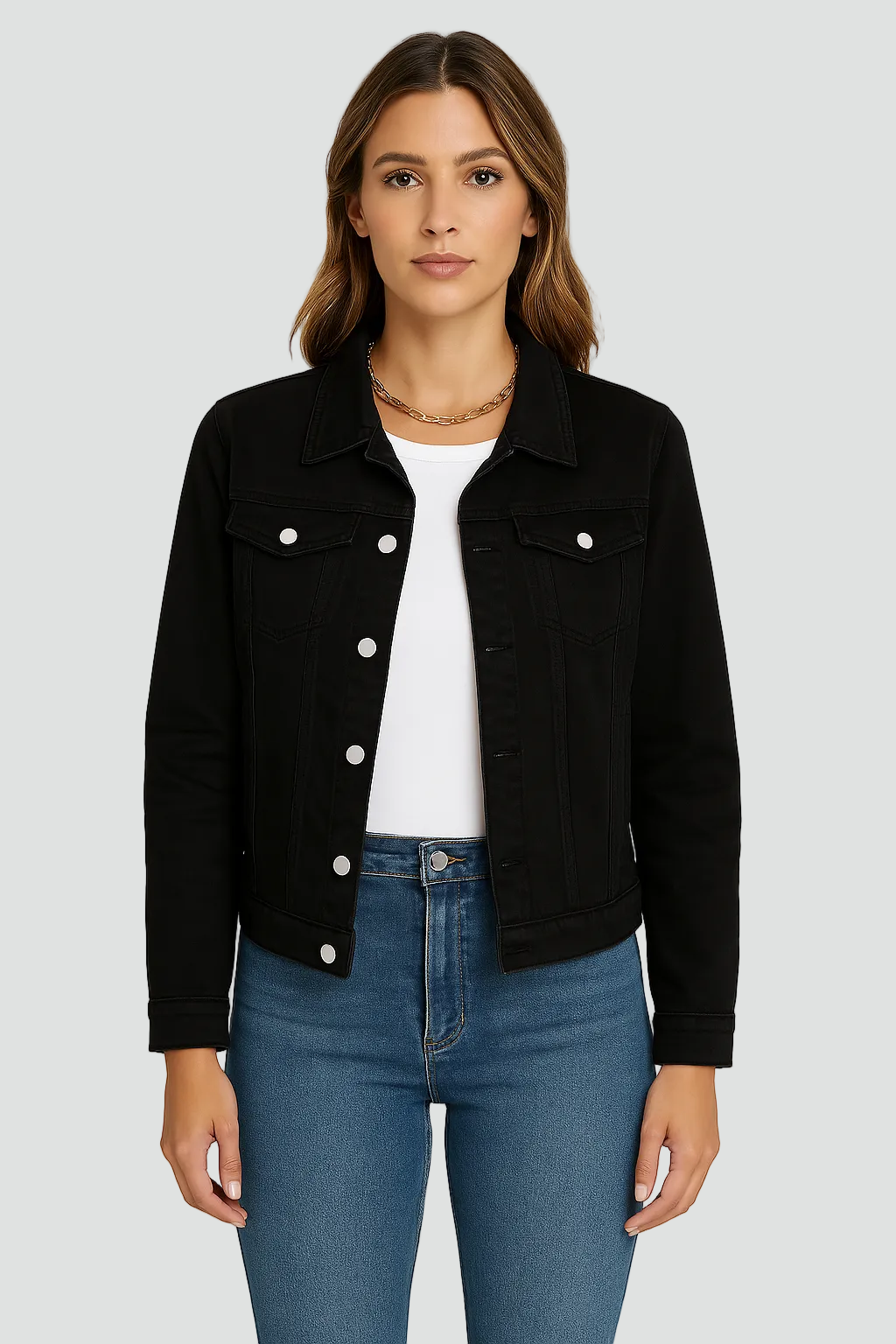 Dames Denim Jacket met Knoopsluiting en Borstzakken Zwart