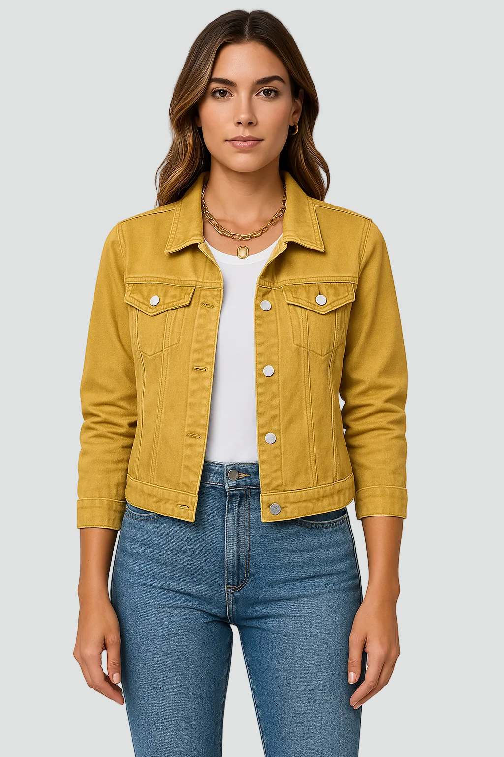 Dames Denim Jacket met Knoopsluiting en Borstzakken Geel