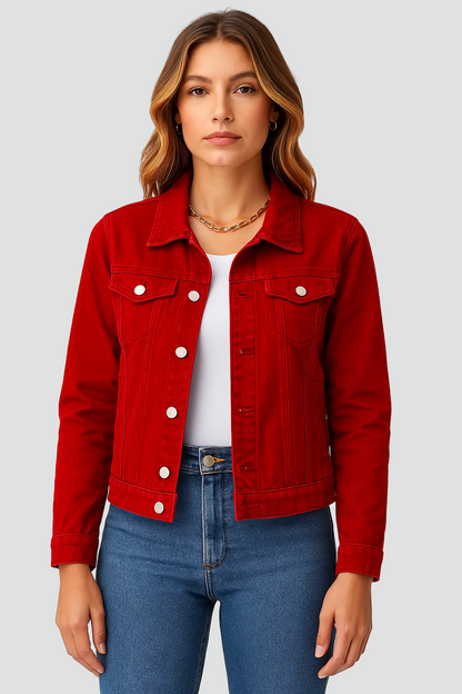Dames Denim Jacket met Knoopsluiting en Borstzakken Rood
